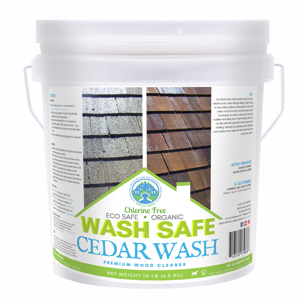 Cedar Wash 10 pounds, cedar siding, cedar shakes, cedar shingles, cleaning cedar siding with oxygen bleach, how to clean cedar wood, power washing and staining cedar siding Cedar Wood Shingle, Shake and Siding Cleaner. Use the power of oxygen-bleach to remove stains from moss, mold, algae and lichen. Clean and brighten cedar siding and roof shingles with Cedar Wash by Wash Safe. Safe for plants and landscaping. Clapboard.