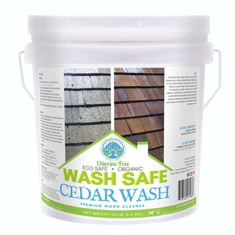 Image of Cedar Wash 10 pounds, cedar siding, cedar shakes, cedar shingles, cleaning cedar siding with oxygen bleach, how to clean cedar wood, power washing and staining cedar siding Cedar Wood Shingle, Shake and Siding Cleaner. Use the power of oxygen-bleach to remove stains from moss, mold, algae and lichen. Clean and brighten cedar siding and roof shingles with Cedar Wash by Wash Safe. Safe for plants and landscaping. Clapboard.