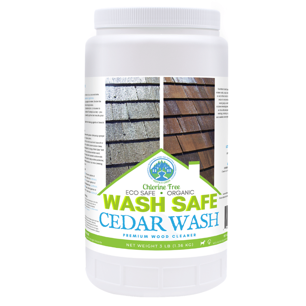 Cedar Wash 3 pounds, cedar siding, cedar shakes, cedar shingles, cleaning cedar siding with oxygen bleach, how to clean cedar wood, power washing and staining cedar siding. Cedar Wood Shingle, Shake and Siding Cleaner. Use the power of oxygen-bleach to remove stains from moss, mold, algae and lichen. Clean and brighten cedar siding and roof shingles with Cedar Wash by Wash Safe. Safe for plants and landscaping. Clapboard.